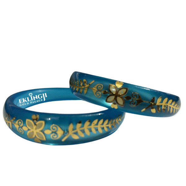 Blue Gold Floral Bangle Set (22K Gold Finish)