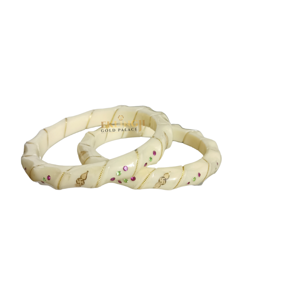 Cream & Gold Pola Bangles with Multicolor Stones