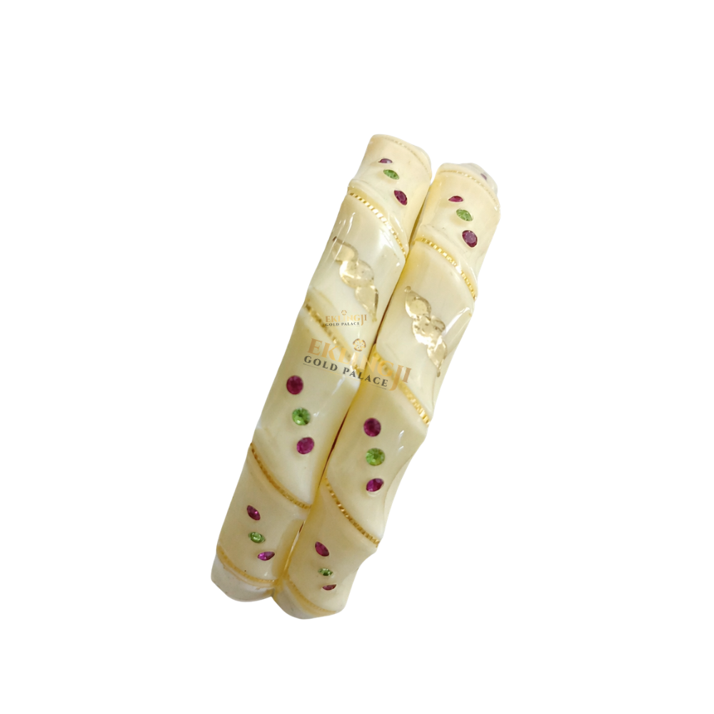 Cream & Gold Pola Bangles with Multicolor Stones Image 3