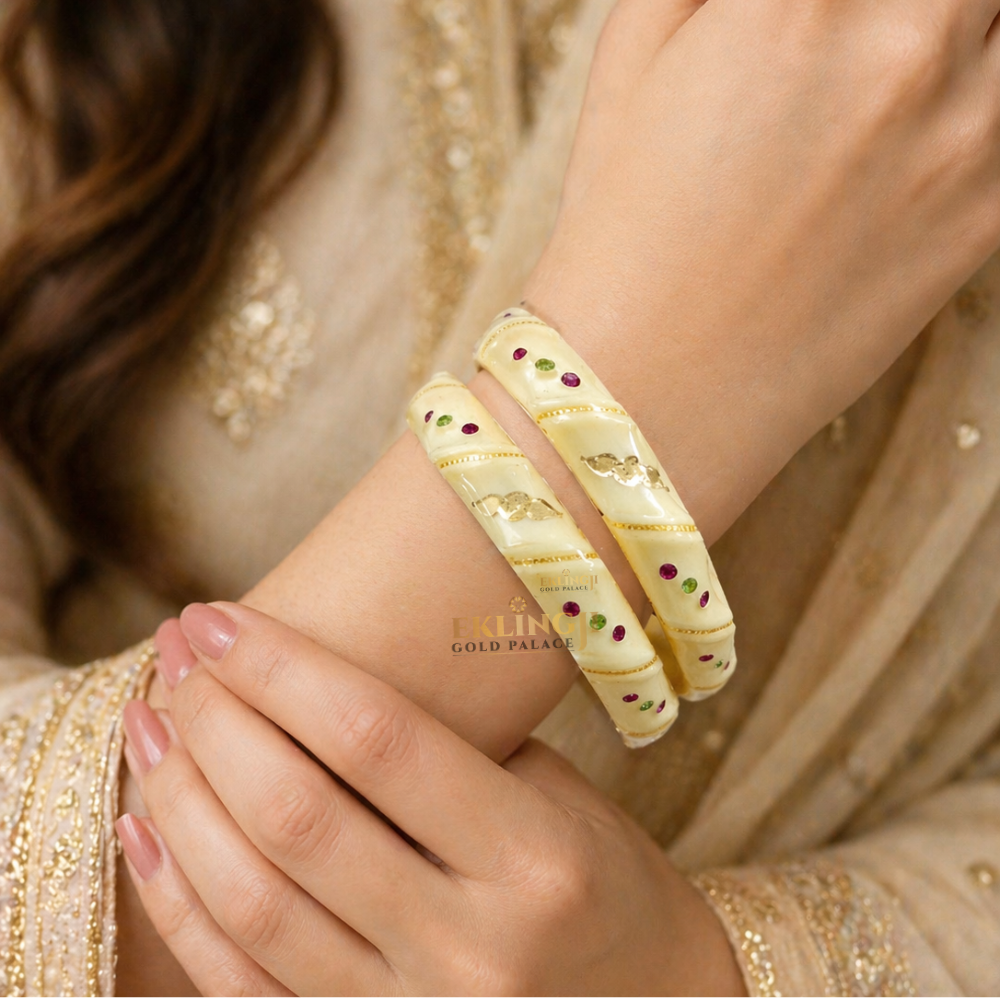 Cream & Gold Pola Bangles with Multicolor Stones Image 4
