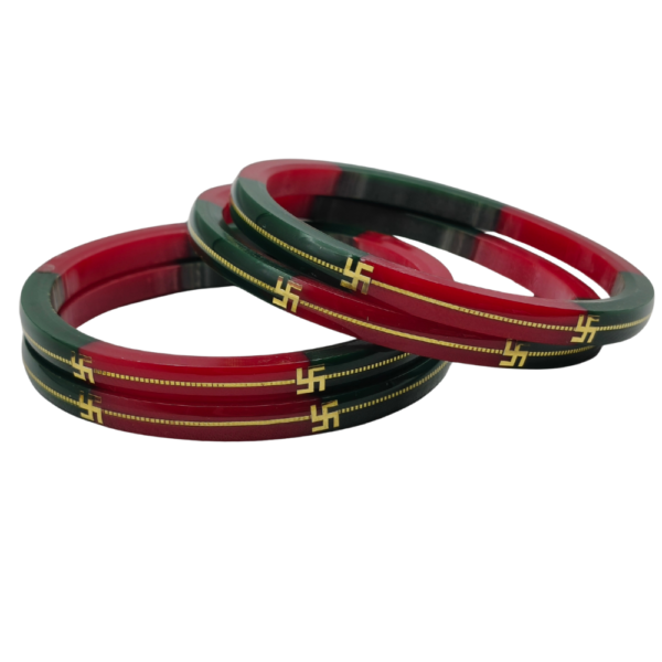 Red & Mehndi Green Gold Pola Bangles with Swastik Design (4 Pis)