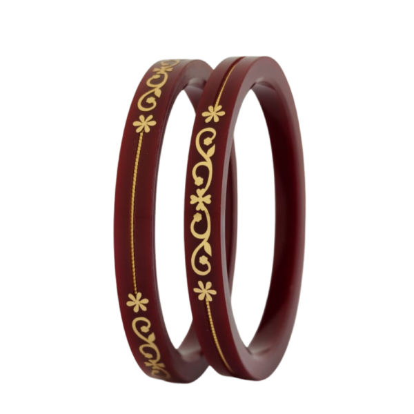 Maroon Pola Bangles with Gold Floral Design (2 Pis)