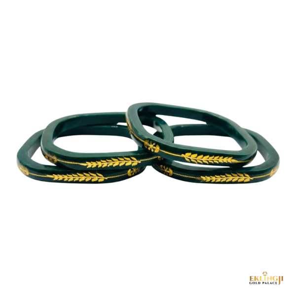 Shagun Green Pola Bangles for Women with 916 Gold Floral Square Design