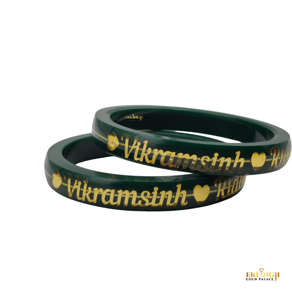 Customize Name Green 916 Gold Look Pola Bangles for Women (2 Pis) Image 3