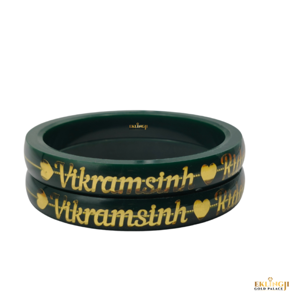Customize Name Green 916 Gold Look Pola Bangles for Women (2 Pis)