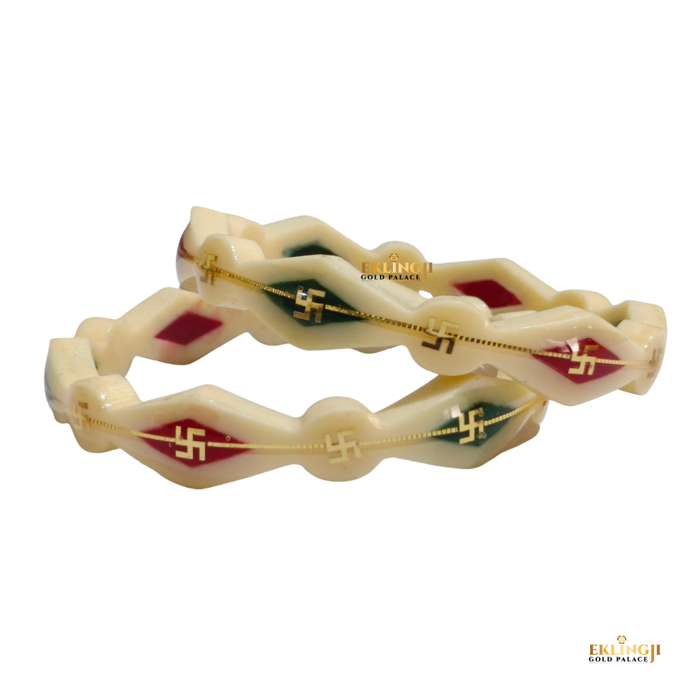 Cream Plastic Bracelet for Women (Swastik Design with Red & Green Pattern) Image 5