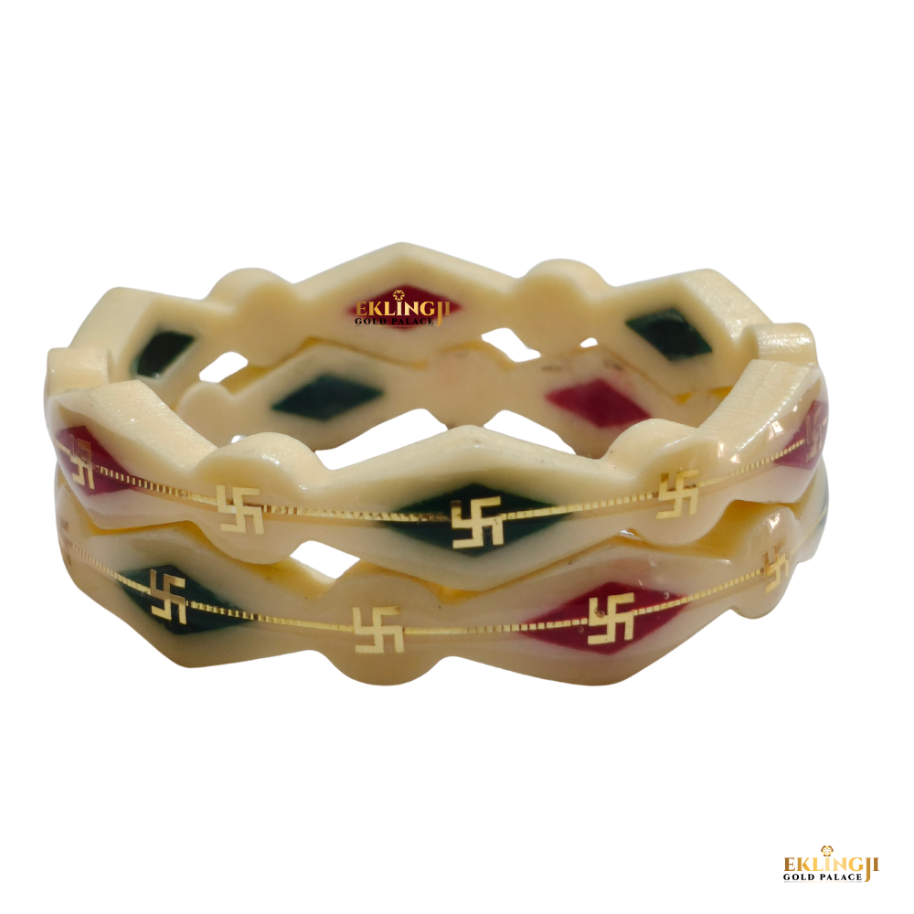 Cream Plastic Bracelet for Women (Swastik Design with Red & Green Pattern) Image 3